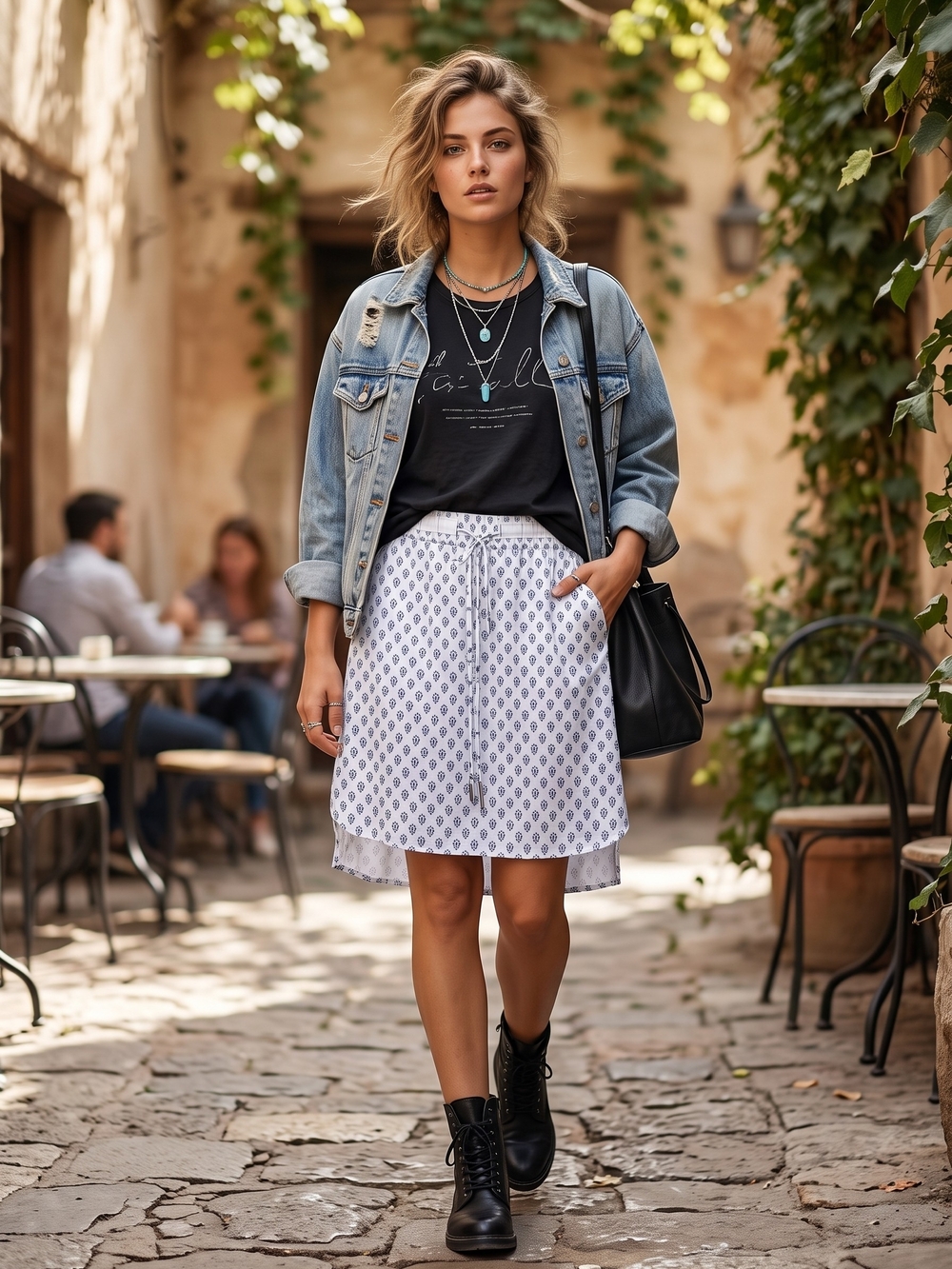 Max Jeans Boho Block Print High Low Skirt Coastal Cowgirl Euro Summer Festival